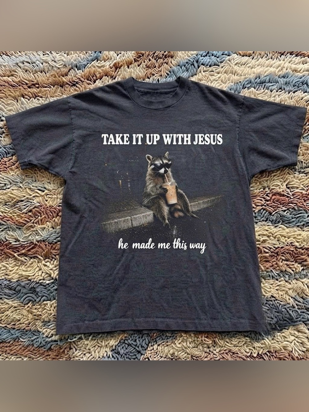 Black Graphic 'Take It Up With Jesus' Raccoon Tee